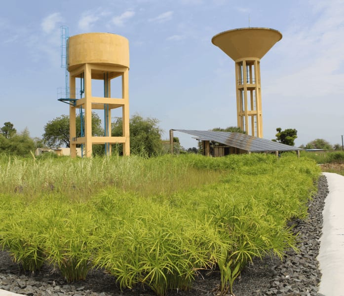 Système d'assainissement écologique par filtres plantés installé par Filtreplante pour le projet Osmosun dans le centre du Sénégal, avec châteaux d'eau et panneaux solaires pour un approvisionnement en eau durable